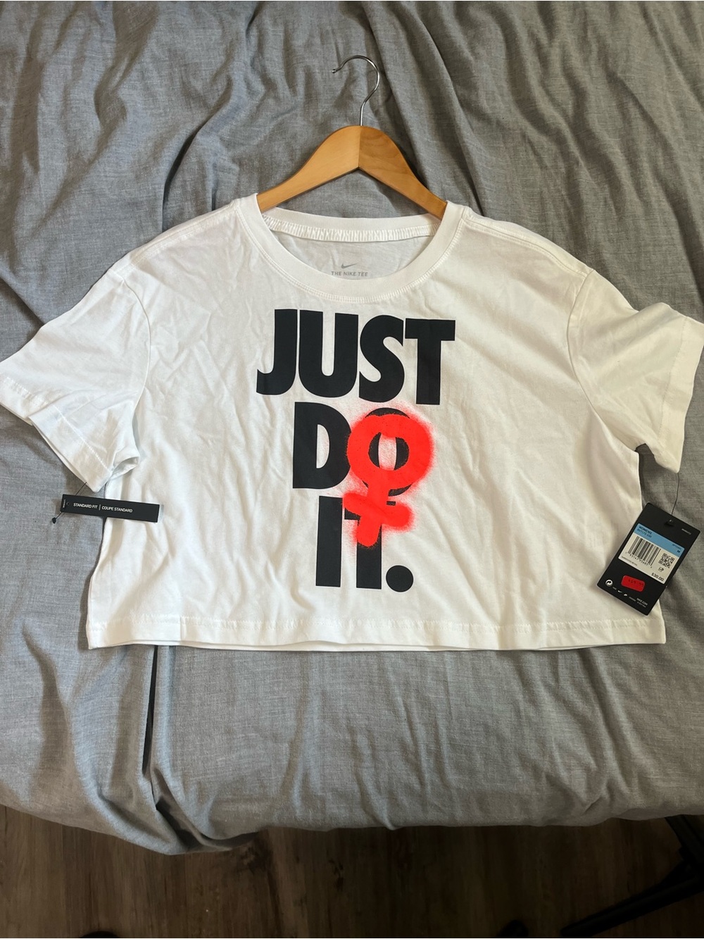 Nike White Cropped 'Just Do It.' Tee with Red Spray Accent